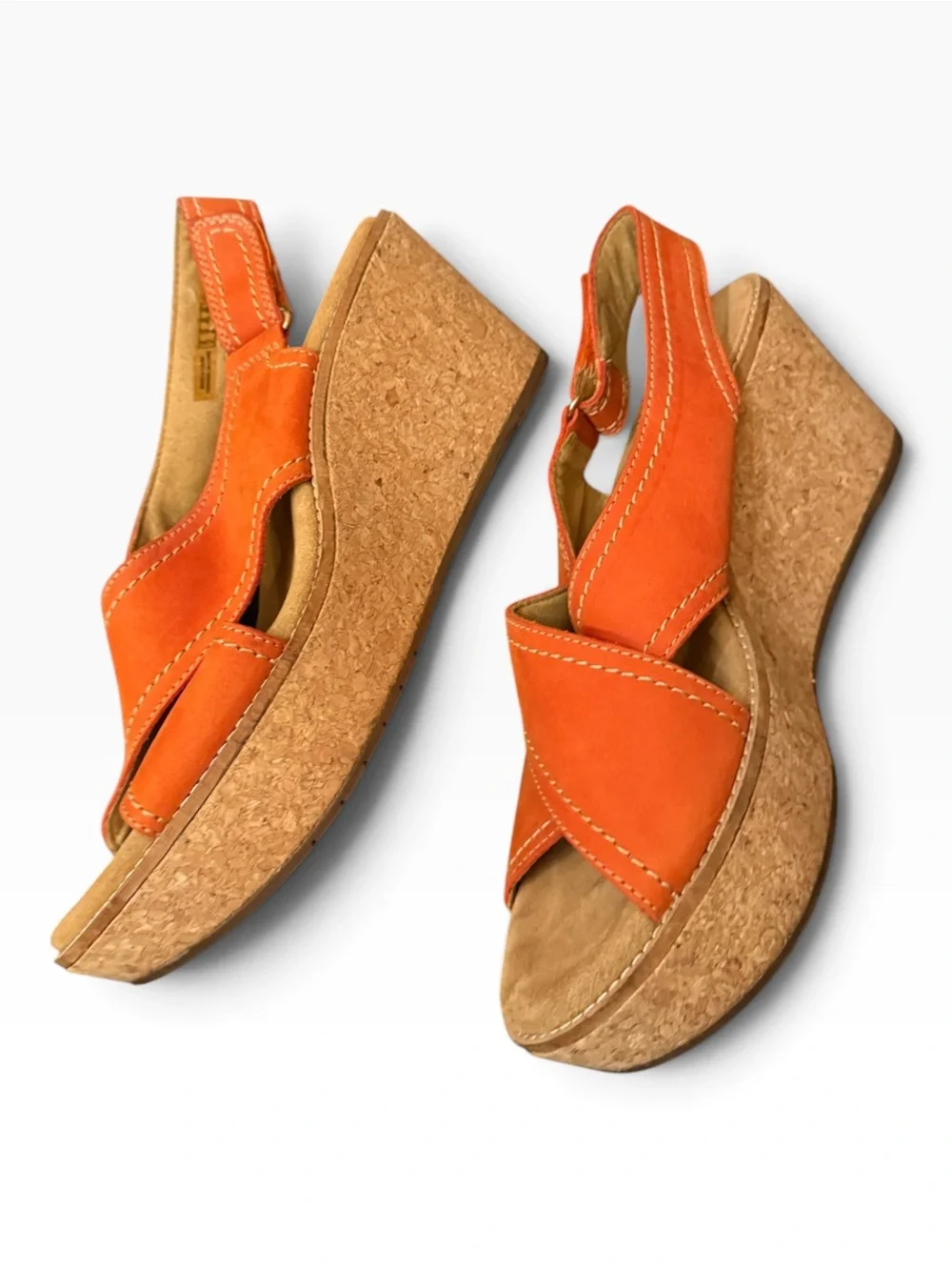 Clarks Artisan Orange Nubuck Leather Cork Wedge Sandals Size 10